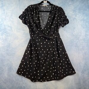 Minx & Moss Black White Polka Dot Ruched Sleeve Wrap Mini Dress Womens Size 8